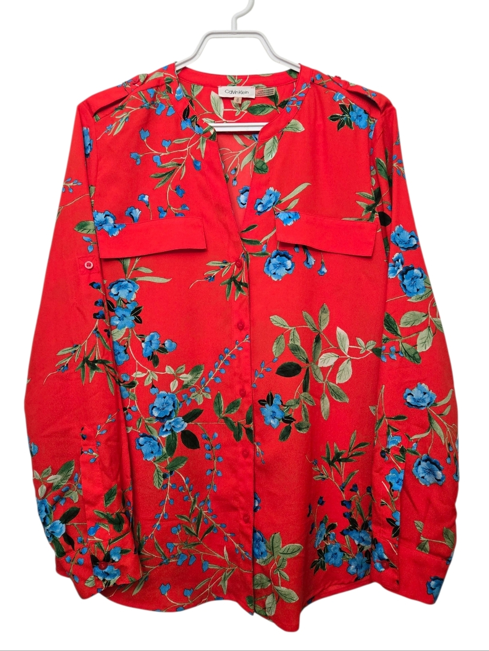 Calvin Klein Red And Blue Floral Blouse Size M